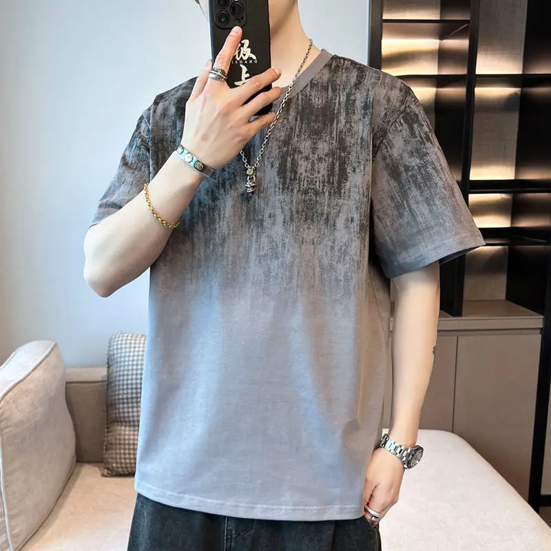 New Men's Trendy Loose Fashion Student Short-sleeved Round Neck Sports Five-point Sleeve T-shirt