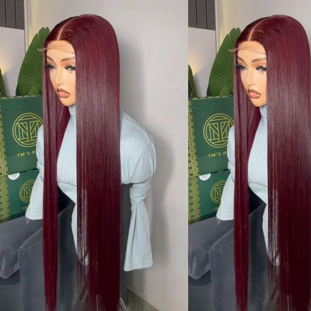 

Длинные 26 дюймов 180 Плотность винно-красного цвета, прямые мягкие предварительно сорванные парики фронта шнурка для женщин с детскими волосами, бесклеевые, ежедневное использование