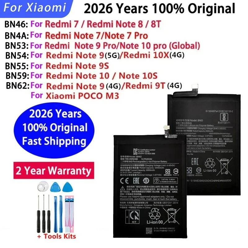 Original BN53 BN54 BN55 Battery For Xiaomi Redmi Note POCO M3 7 8 8T 9 9T 9S 10 10S 10X Pro 4G 5G Batteries BN46 BN4A BN59 BN62