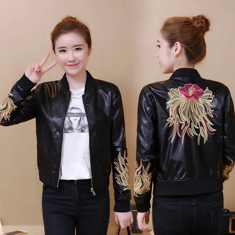 New Spring Autumn Locomotive Leather Jacket Female Short  Embroidery Crew Neck Baseball Uniform Loose Ladies PU Leather Outcoat