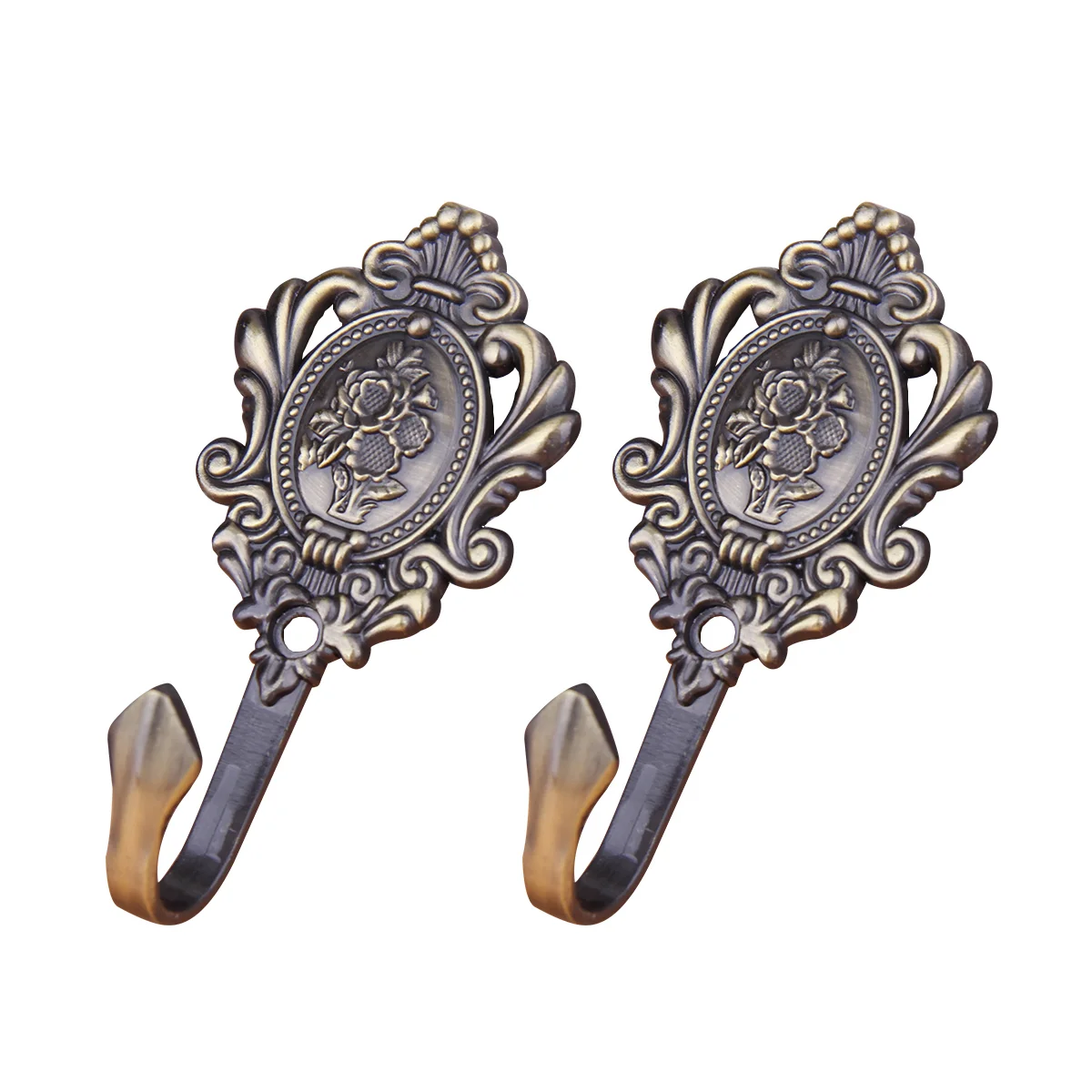 Pair of Zinc Alloy Vintage Drapery Hooks Rose Pattern Curtain Holdbacks (Bronze) vintage hooks vintage curtain hooks