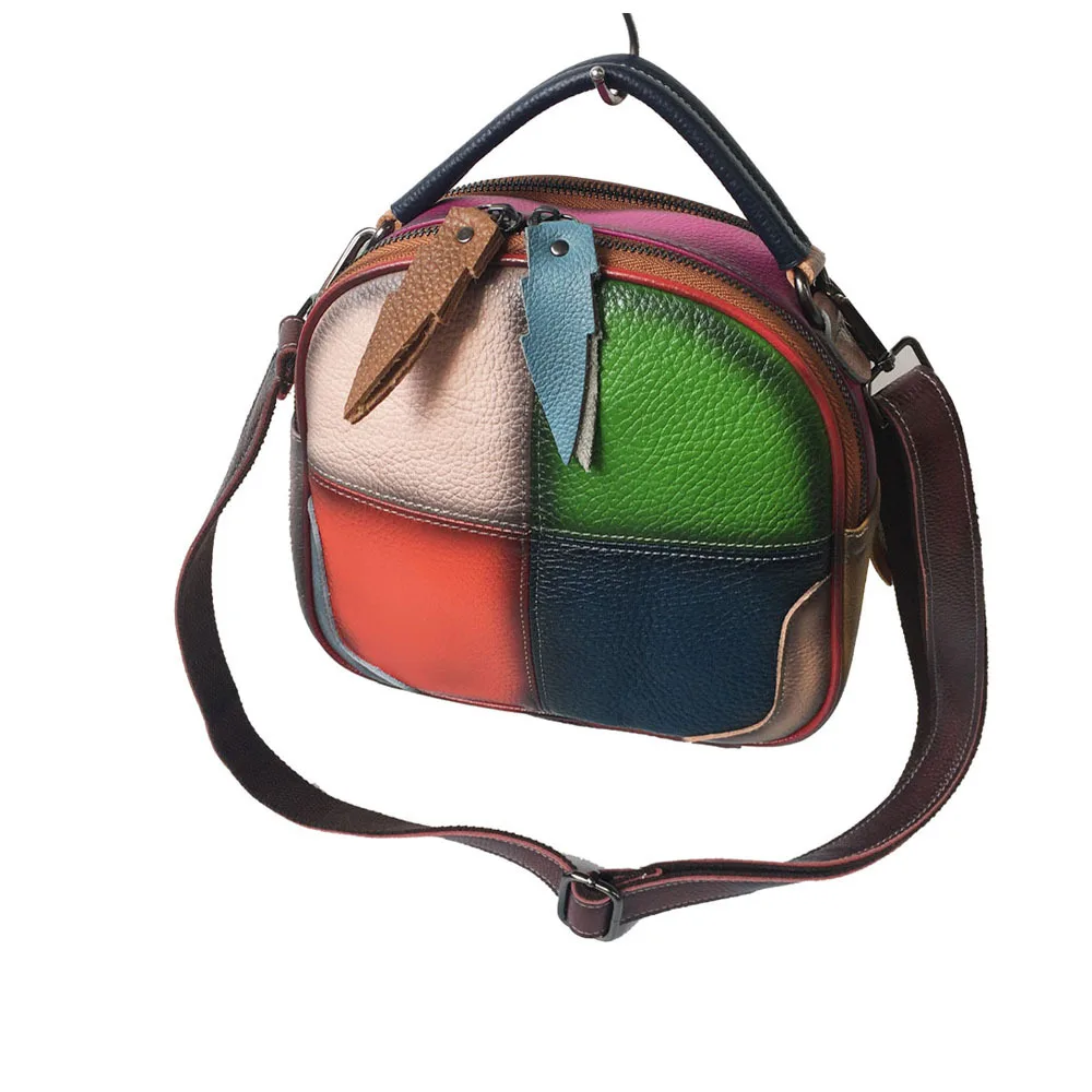 Women Vintage Brushed Genuine Leather Patchwork Phone Small Mini Side Sling Pouch Bag 80s Fashion Stylish Short Handle Handbag