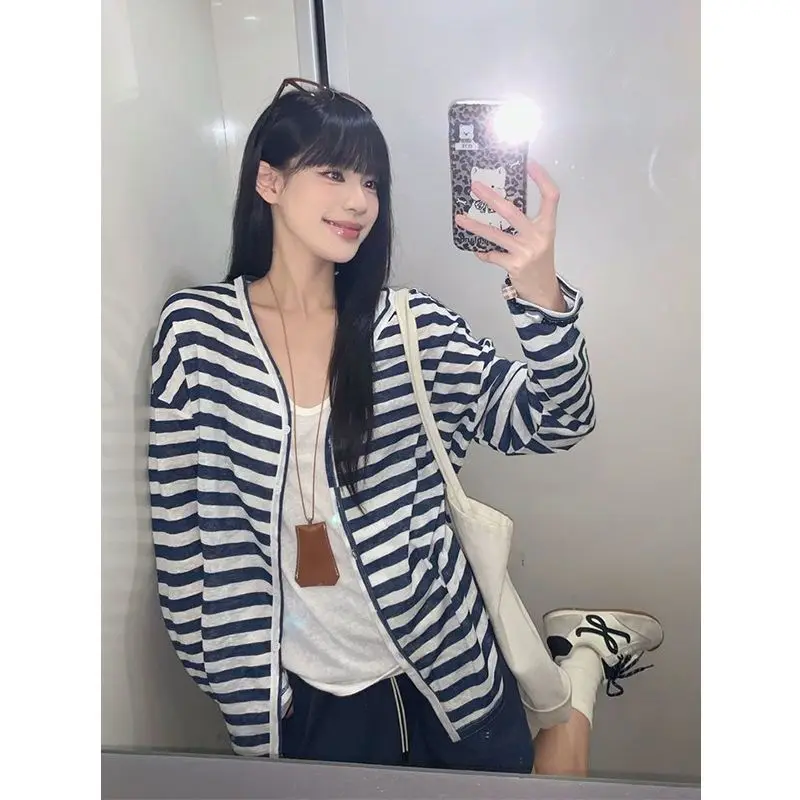 

Кардиган с длинными рукавами в корейском стиле, женский, весенне-осенний, повседневный, свободного кроя, в полоску, прозрачный, верхняя одежда, топ