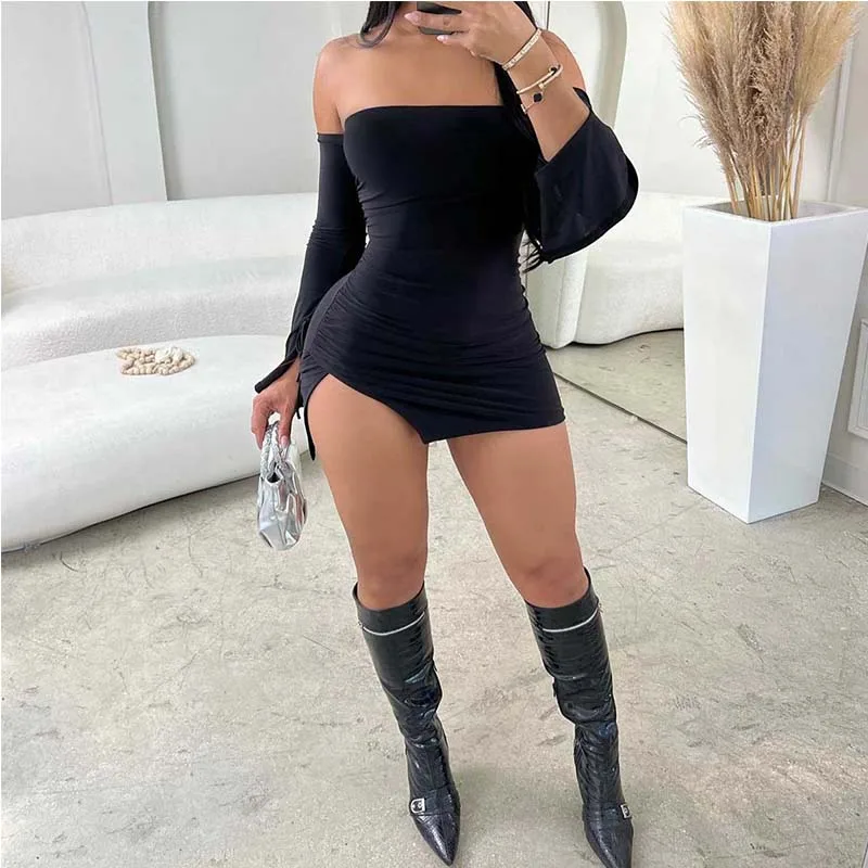 Women Strapless Backless Mini Dress For Women Black Off-shoulder Long Sleeve Bodycon Club Party Dress Clothes