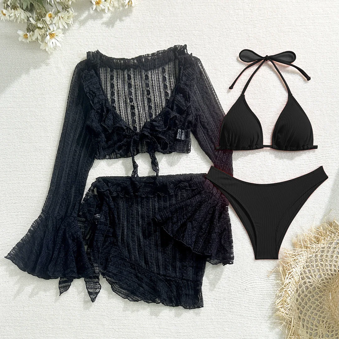 10 Farben, mit Sarong, langärmeliges Bikini-Oberteil, Damen-Badebekleidung, Damen-Badeanzug, vierteiliges Bikini-Set, Badeanzug, Badebekleidung, Modell V6338E. – Detail 31