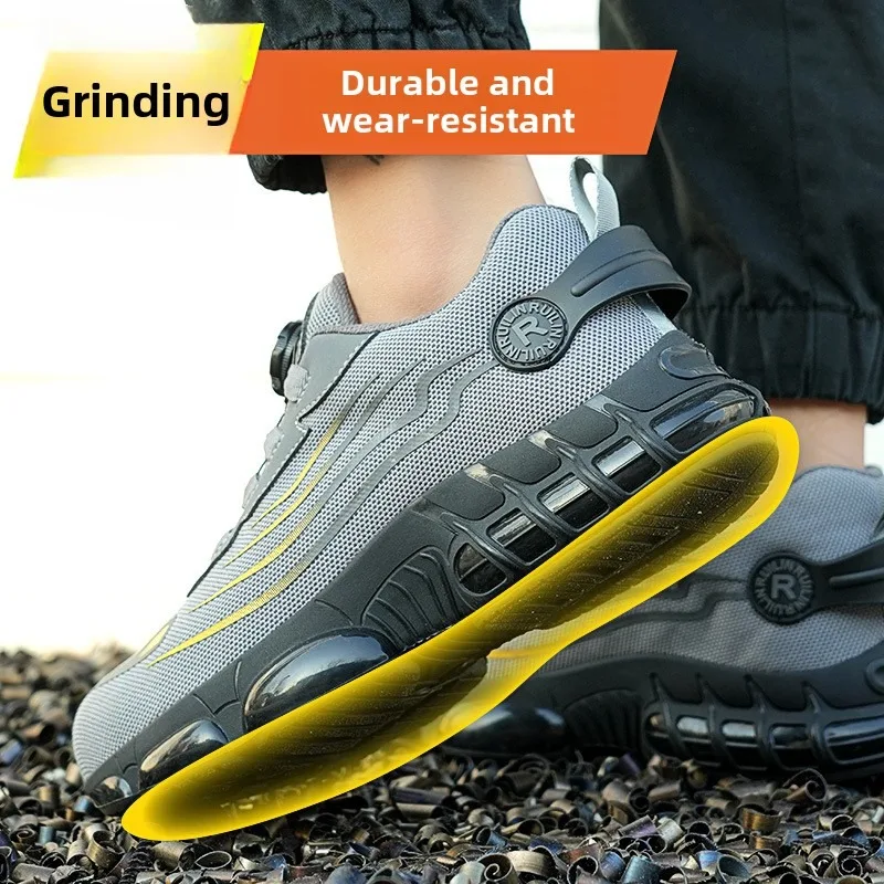 Men's Rotating Button Safety Shoes Steel Toe Puncture Proof Non Slip Work Sneakers Breathable Design Durable Rotating Buckle