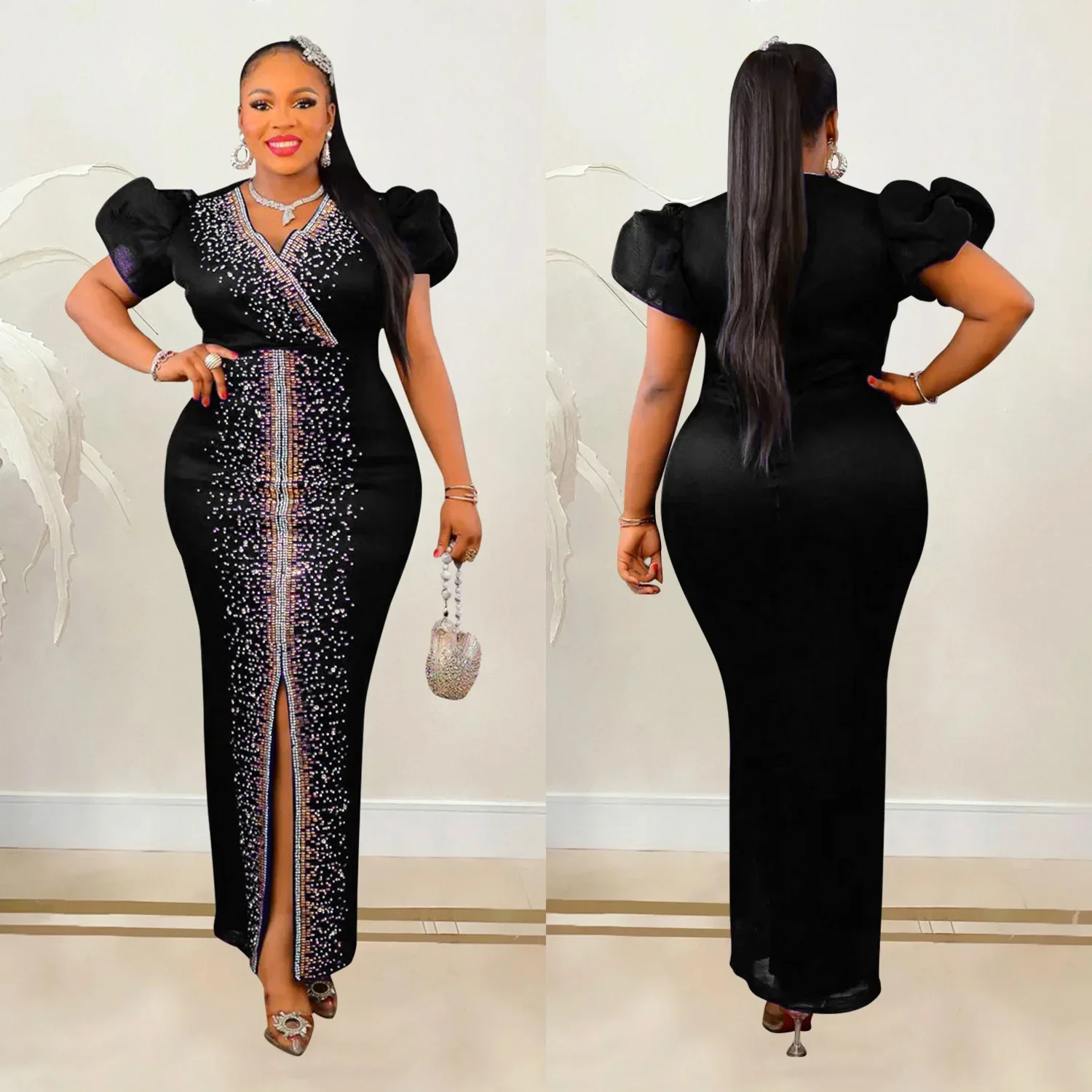 

African Dresses for Women Summer Autumn African V-neck Short Sleeve Polyester Black Blue Red Yellow Long Dress Maxi Dress