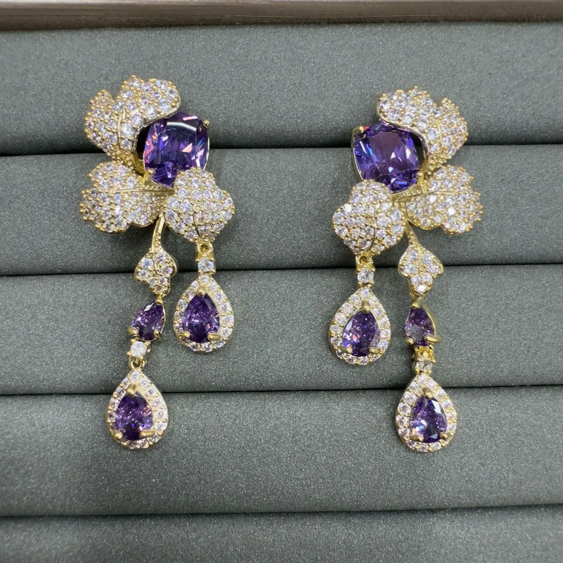 

cubic zirconia earrings for women shiny jewelry gala event party flower dangling earrings female gift