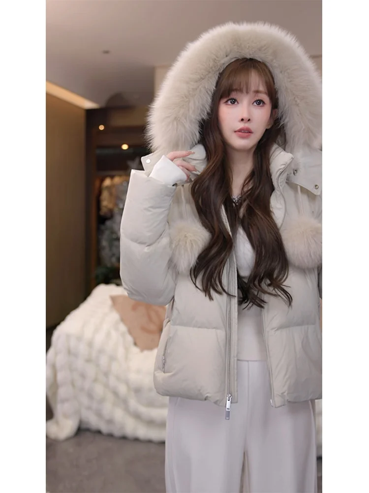 

Mimius Luxury down Jaet Hooded Coat Large Fur Collar Scissors Pattern Warm Thi Long Sve Zipper Closure White Du Feather