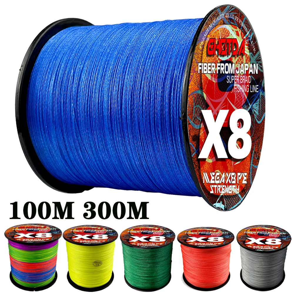 Ghotda isca peixe x8 linhas de pesca 300m 100m 8 fios trançados multifilamento pe linha para pesca da carpa cabo 18lb-78lb suave