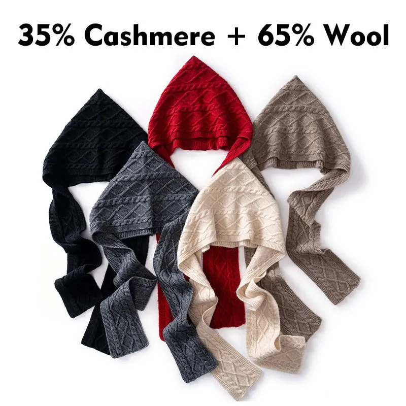 35% Cashmere 65% Wool Balaclava Hooded Scarf Women Winter Cable Knit Hood Scarf Shawl Neck Warmer Bonnet Head Wrap