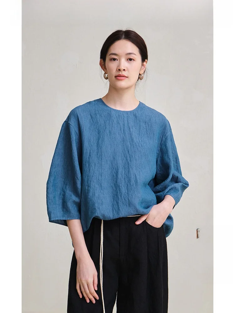 

Ltyp Original Linen Casual Shirt Women's Summer New Style Loose Fit round Neck Seven Sleeve Long Shirt Breathable Comfortable
