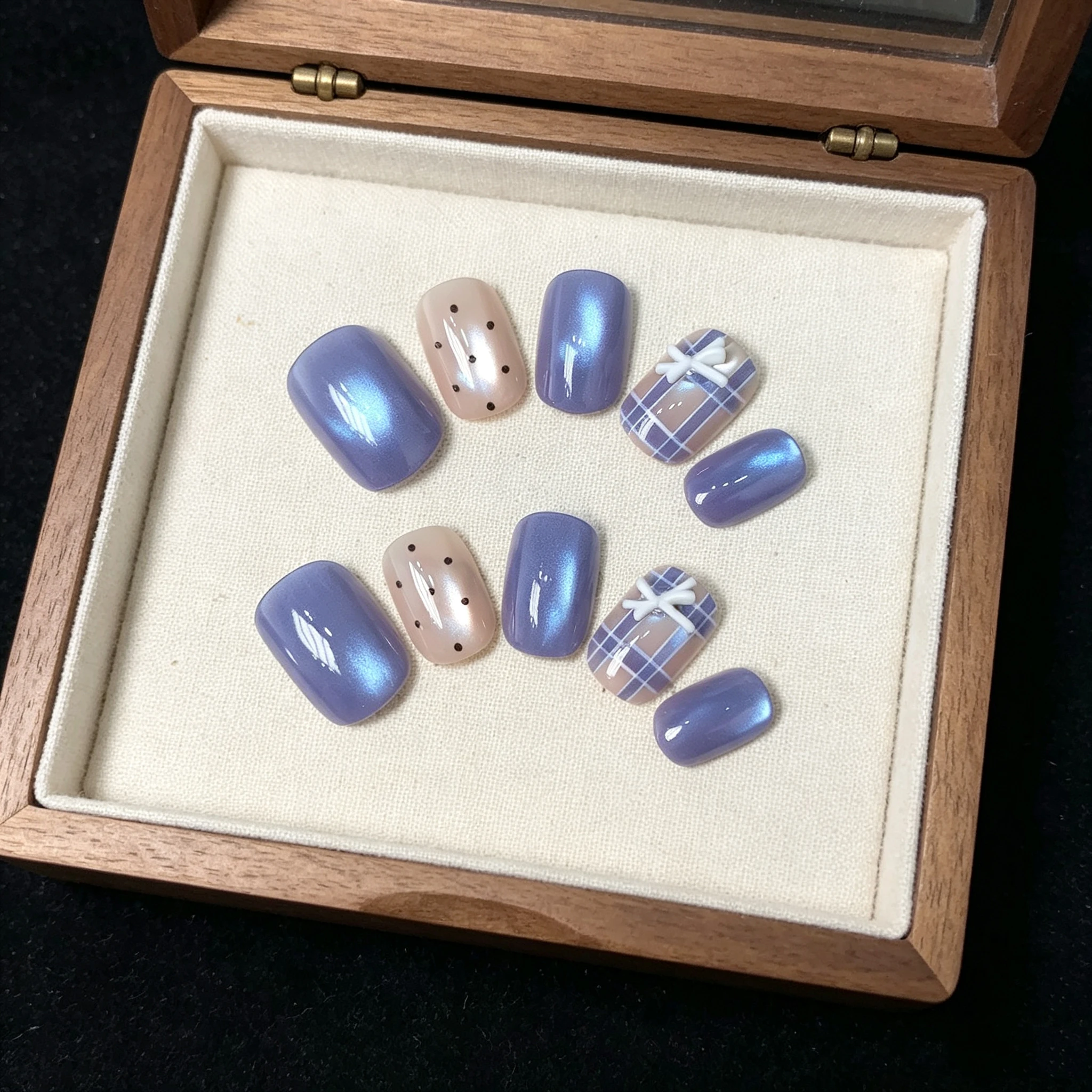 

10pcs Korean Handmade Press On Nails Blue Cat Eye False Nails Plaid Bow & Polka Dot Sweet Reusable Glossy Y2k Fake Nails Tips