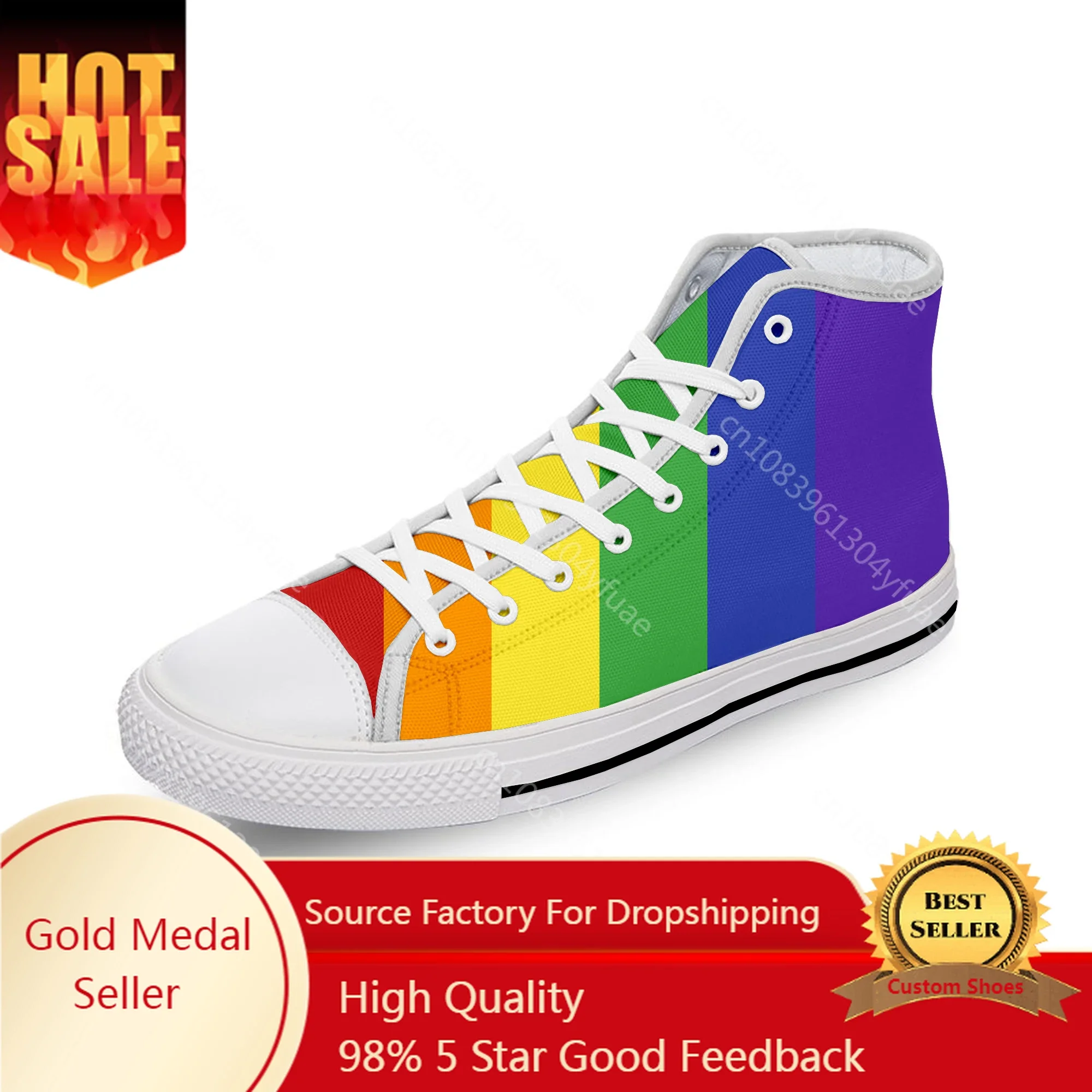 

Rainbow LGBT Gay Pride Flag Lesbian White Cloth Fashion 3D Print High Top Canvas Shoes Men Women Lightweight Breathable Sneakers