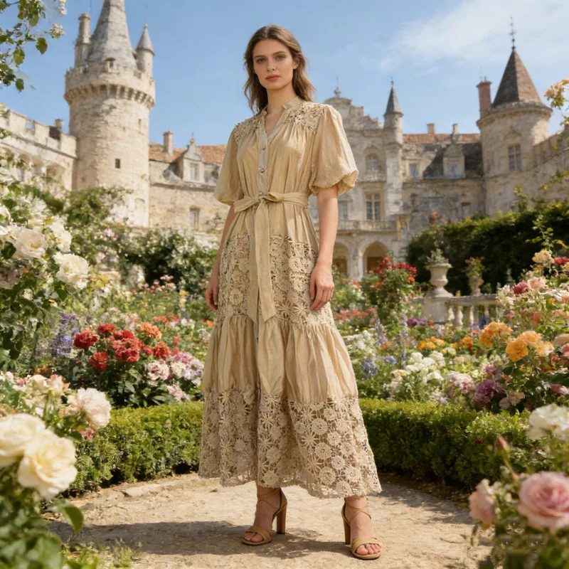 Ele cor pura longo dr com renda oco flor cintura cinching cinto bolha sve texturizado sensação tribunal sle dr