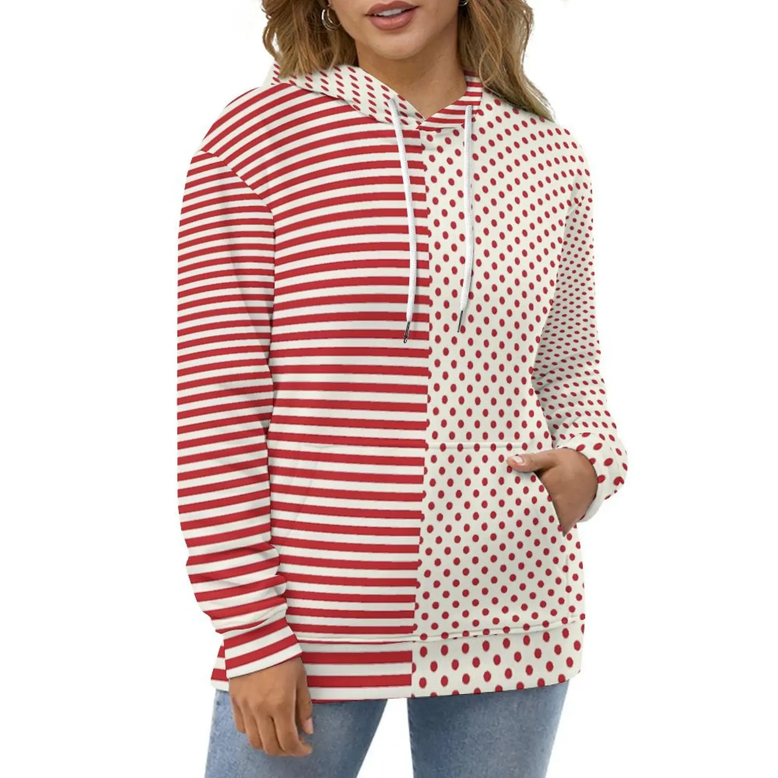 

Striped Polka Dot Casual Hoodies Two Tone Y2k Hoodie Women Long Sleeve Harajuku Graphic Loose Oversize Clothing