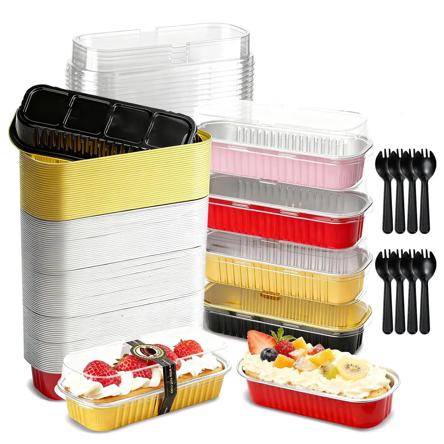 100 Pack Black & Gold & Pink & Red Mini Cake Pans with Lids and Spoons, 6.8 oz Disposable Aluminum Foil Mini Loaf Pans Cake Tins Bulk Set with Stickers for Baking, Bake Sales, Parties and Dessert Pre
