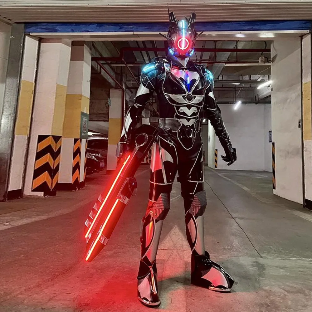 Cyberpunk Future Warrior LED Robot Mech Performance Costume Mechanical Armor Cosplay Suit with Bar Lighting view 3