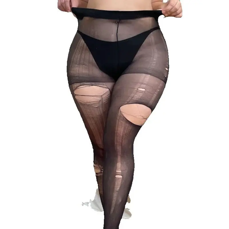

European and American Women's Popular Plus Size Sexy Hand Torn Socks with High Elasticity and No Crotch Opening Pantyhose