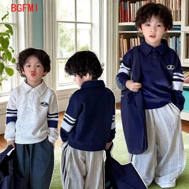 Frühling Herbst Junior Jungen Langarm Casual Dunkelblau Grau T-shirt Kinder Junge Outdoor Poloshirt Top Adrette Bottoming Shirt