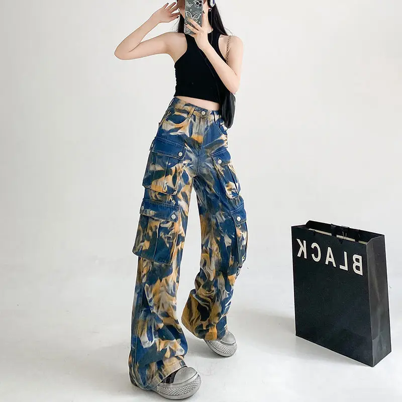 Overall Jeans Heavy Duty Tie-Dyed High-Waist Casual Women Summer New Style Loose Slim Versatile Straight-Leg Wide-Leg Trousers