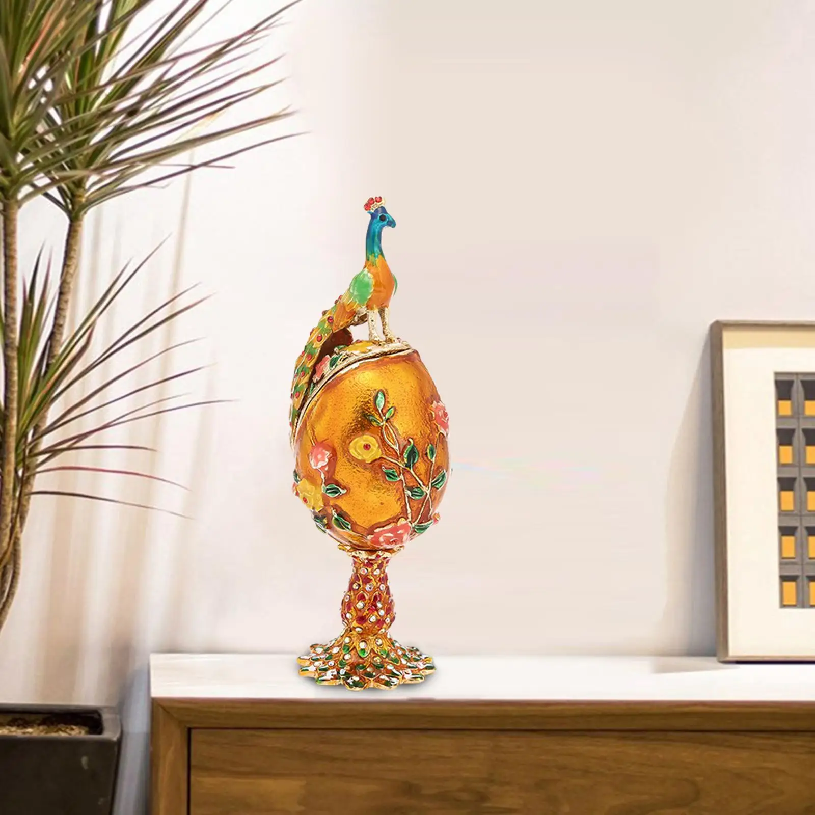 Peacock Figurine Sculpture Beautiful Enameled Egg Statue for Bedroom Collectible