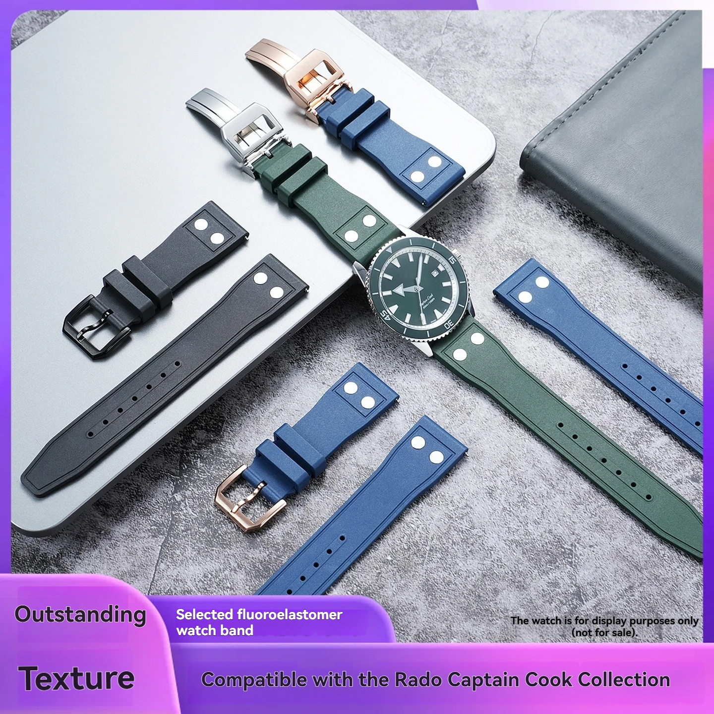 21mm FKM strap For Rado Captain Cook series quick release watch chain R32505315 32505205 Folding buckle Fluororubber watchband