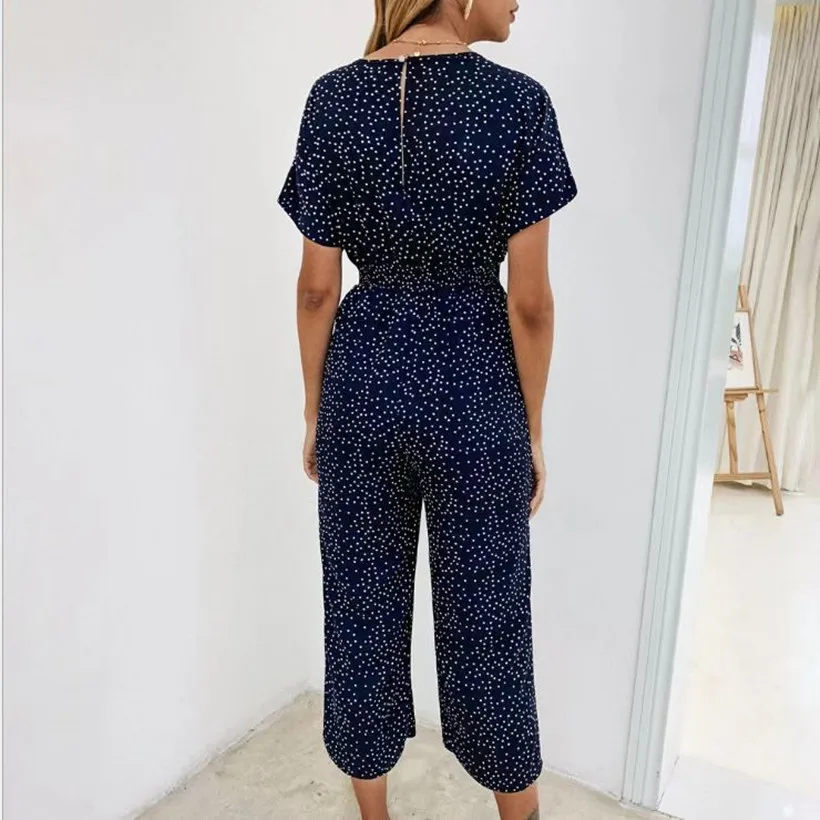 Women Jumpsuits Rompers Summer Casual Shaped Waistband V-neck Pocket Overalls  Short Sleeve Dot Printed  Wide Leg Loose