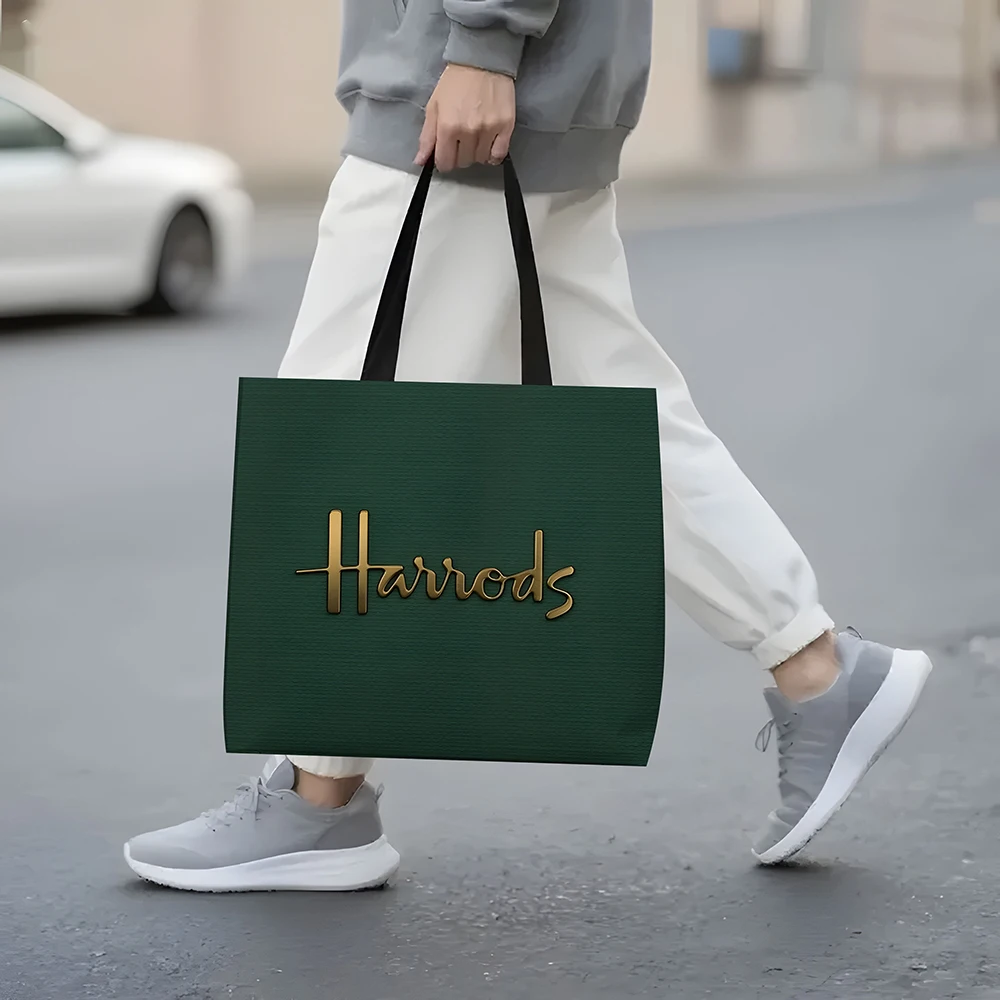 1 قطعة حقيبة حمل Harrods، حقيبة تسوق قابلة للطي، حقيبة تسوق قابلة لإعادة الاستخدام، حقيبة حمل مطبوعة فنية
