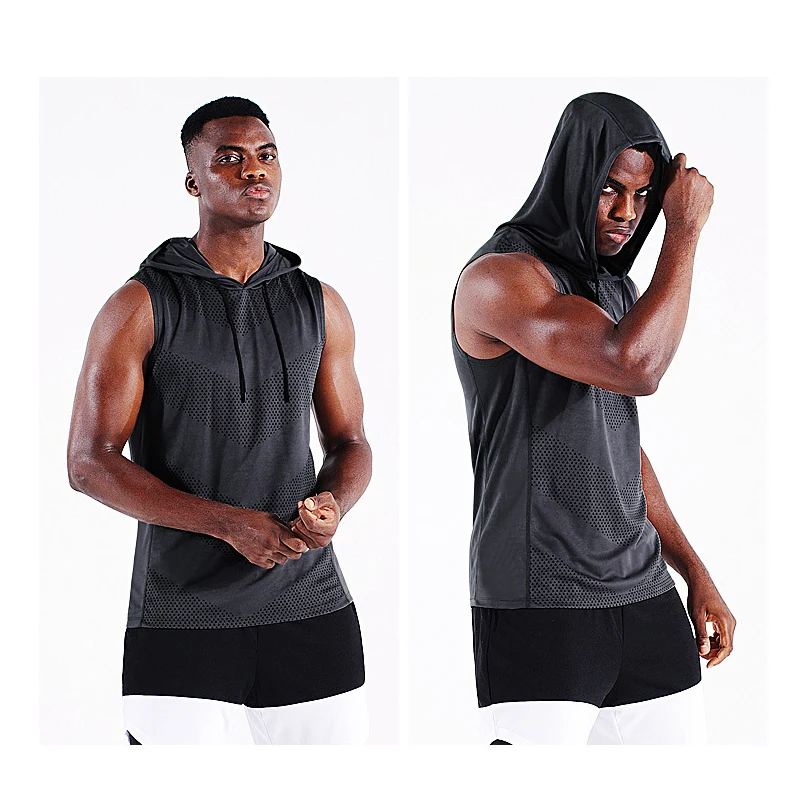 

Men Hooded Vest Summer Bodybuilding Sleeveless Shirts Workout Running Top Casual Sports Pullover Sweat Absorption T-shirts