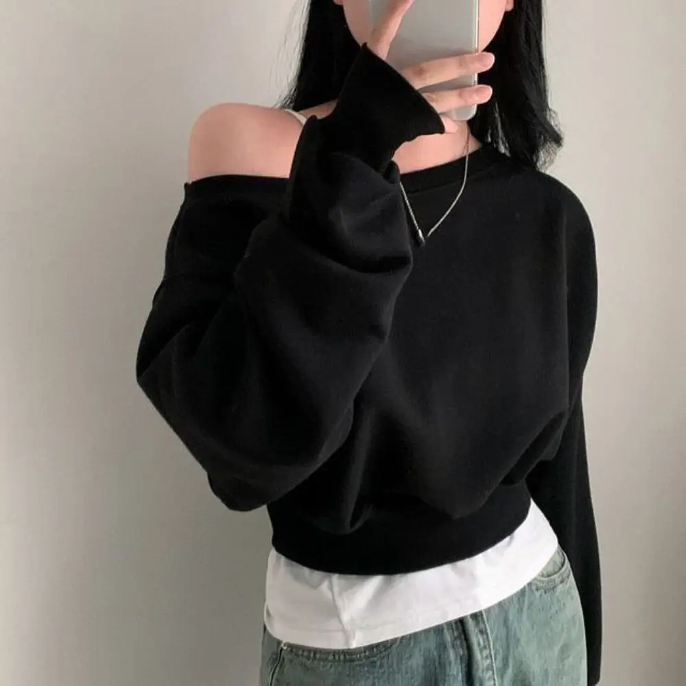 

Simple Retro Long Sleeve T Shirt Loose Casual Off Shoulder Blouse Stylish Solid Color Sweatshirts for Women Spring