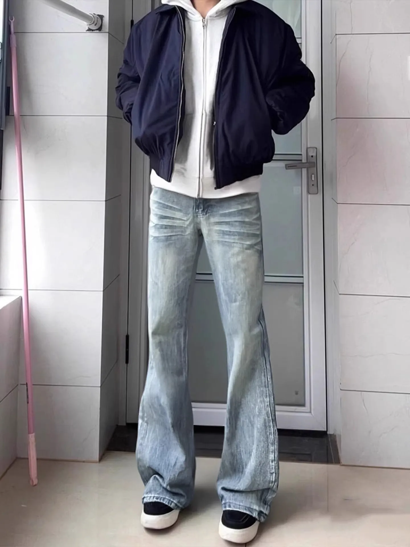 

American High Street Lightning Pattern Men's Jeans Winter Fce Lined Straight Leg Slimming Long Leg Effect Casual Trousers