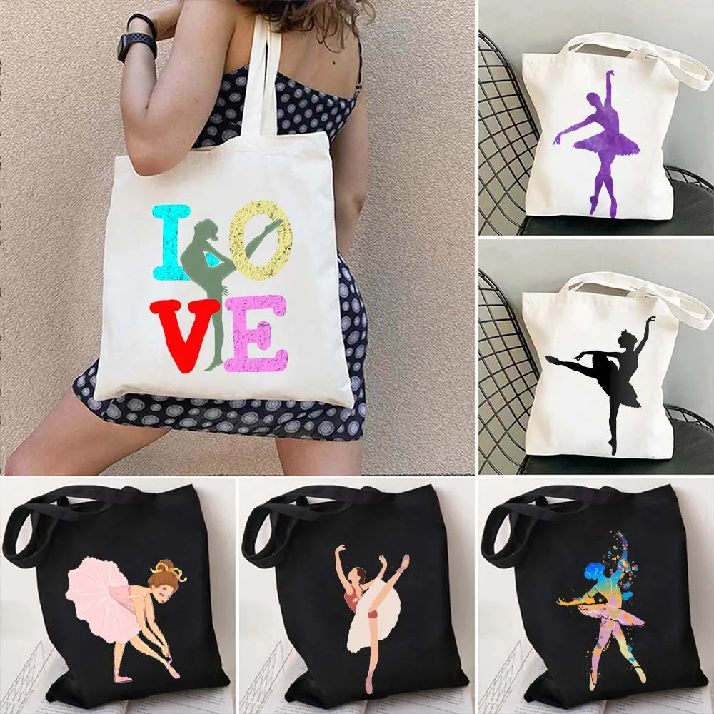 

Ballerina Girl Silhouette Hearts Love Dance Ballet Dancer Gymnastics Shopper Harajuku Canvas Totes Bags Cotton Shopping Handbags