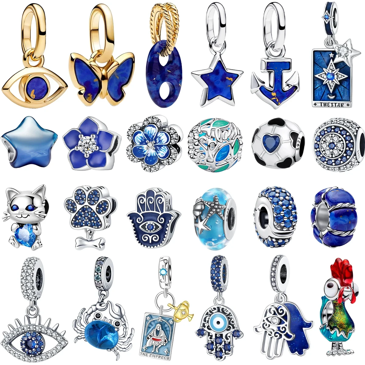 Pingentes e Contas Originais de Prata Esterlina 925 Azuis com Formatos de Borboleta, Estrela, Palma e Olhos para Pulseiras, Colares e Joias DIY Femininas, Presente