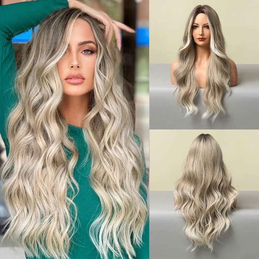 

Long Curly Wig Universal Smooth Lightweight Medium Split Long Smoky Gray Gradient Blonde female wigs for Home