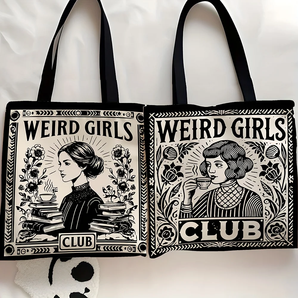 1 Stück Weird Girls Club-Einkaufstasche, stilvolles schwarz-weißes Blumenmuster, täglicher Freizeitgebrauch, Umhängetasche, Weihnachtsgeschenk für beste Freunde