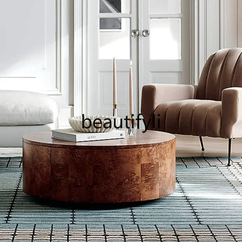 

LJYVintage Round Coffee Table Retro Style French Light Luxury Living Room Round Coffee Table Storage Coffee Table