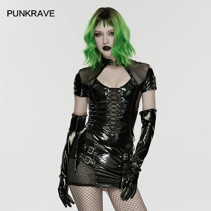 PUNK RAVE Women's Punk Glossy Patent Leather Metal Black Gloves Avant-garde Feel Party Club Arm Accessories