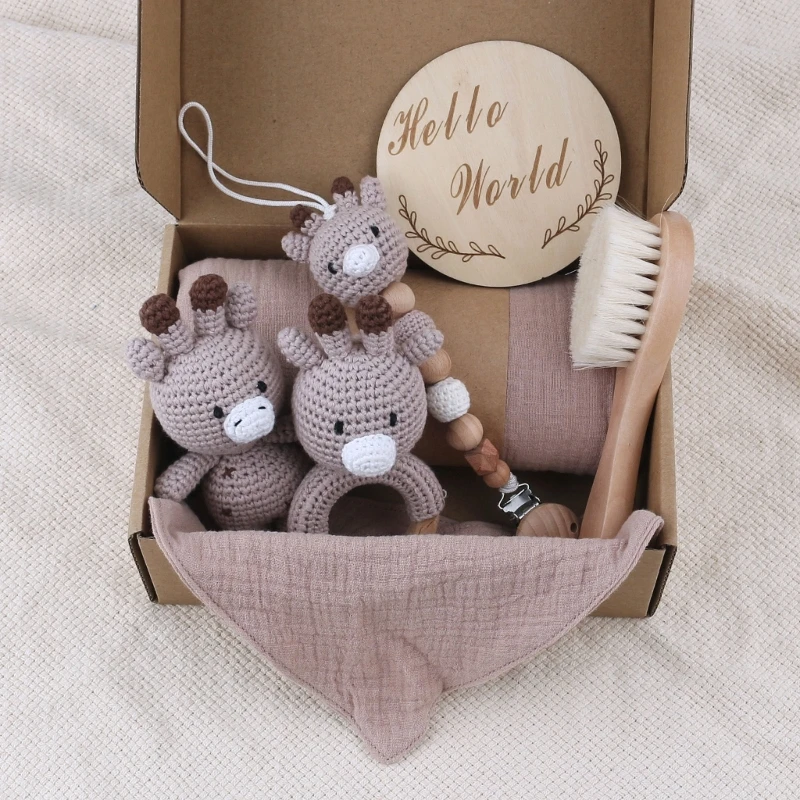 Baby Shower Gift Box Set Pacifier Clip Crochet Toy Rattle Teether Blanket Bib Hairbrush Set Newborn Teething Gift 7Pcs