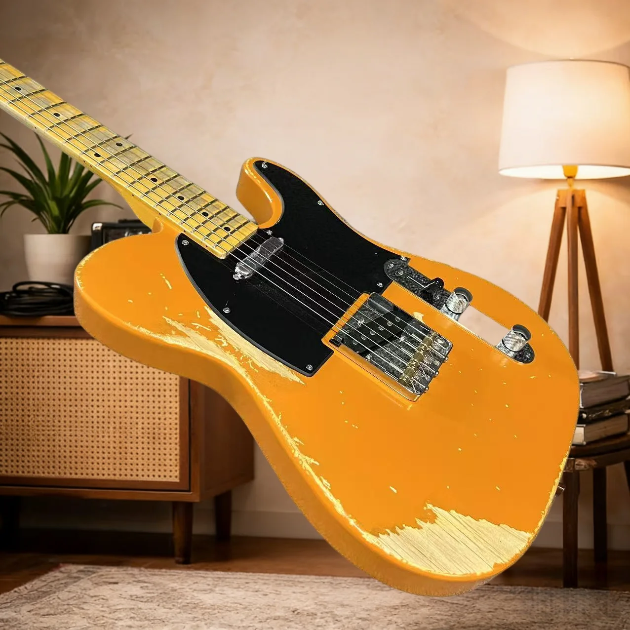 

Электрогитара 39 дюймов, глубокий желтый цвет, винтажный кленовый гриф TLE, корпус из персикового дерева, классический дизайн