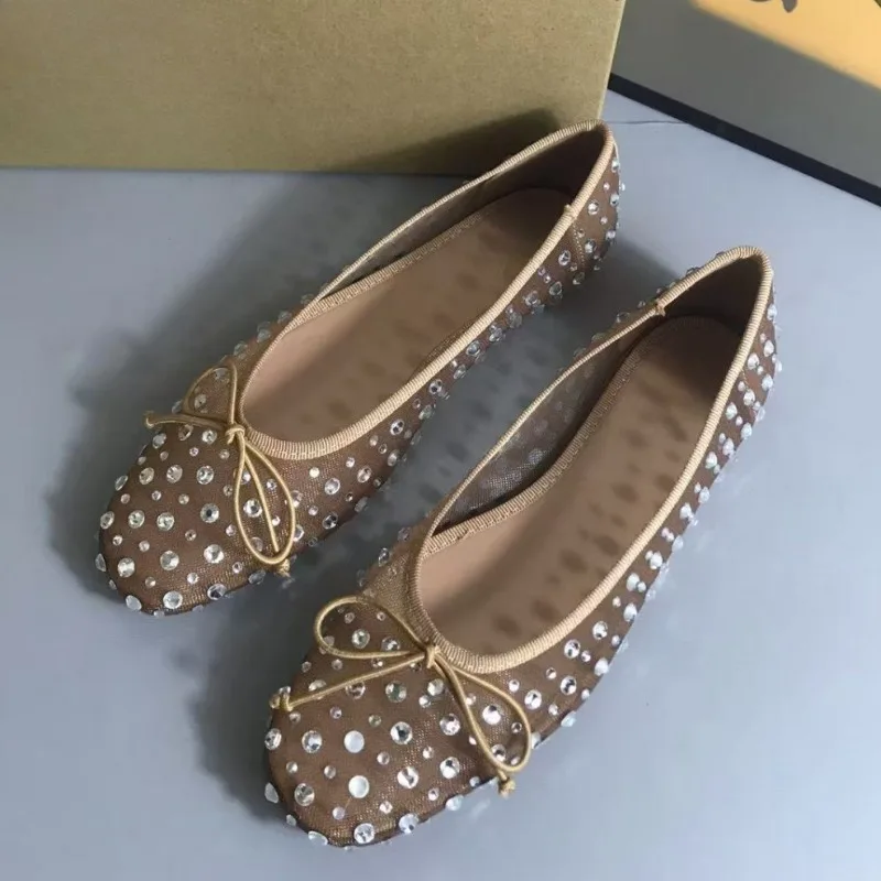 

Breathable Mesh Women Spring Shoes Luxury Rhinestones Bow Ballet Flats Round Toe Comfortable Leisure Walking Ladies Flat