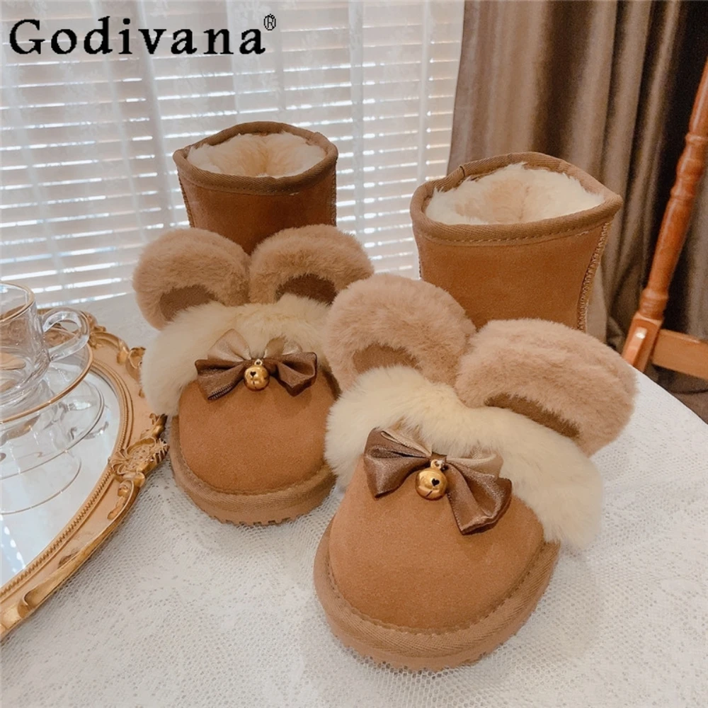 

Cute Bear Ears Kawaii Platform Boots Bow Bell Snow Boot Lolita Round Head Women's Shoes