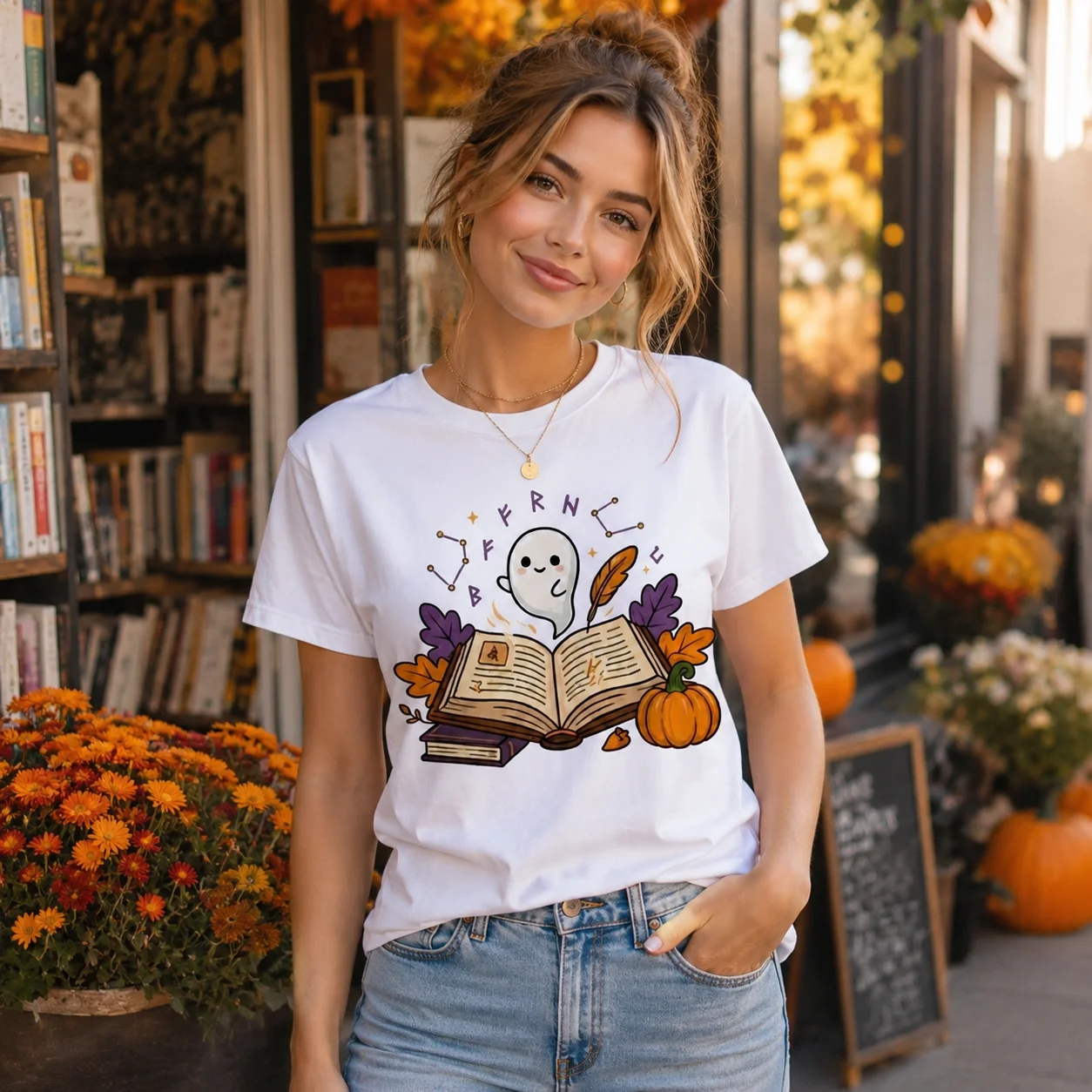 Women 100% Cotton Halloween T-Shirt Cute Ghost Reading Book Pumpkin Constellation Graphic Casual Short Sleeve Crew Neck Tee