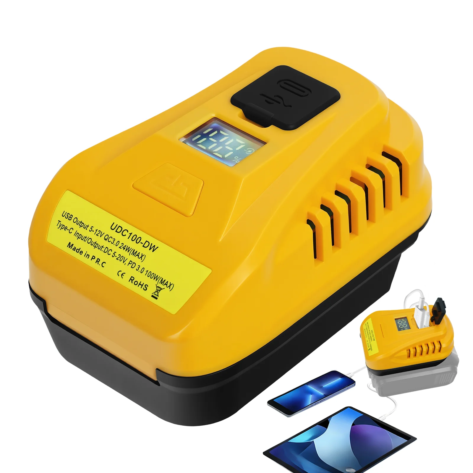 

Зарядное устройство для аккумулятора Dewalt 20 В с USB и портом Type-C Портативное зарядное устройство 100 Вт для зарядки аккумулятора/телефона/ноутбука (без аккумулятора)