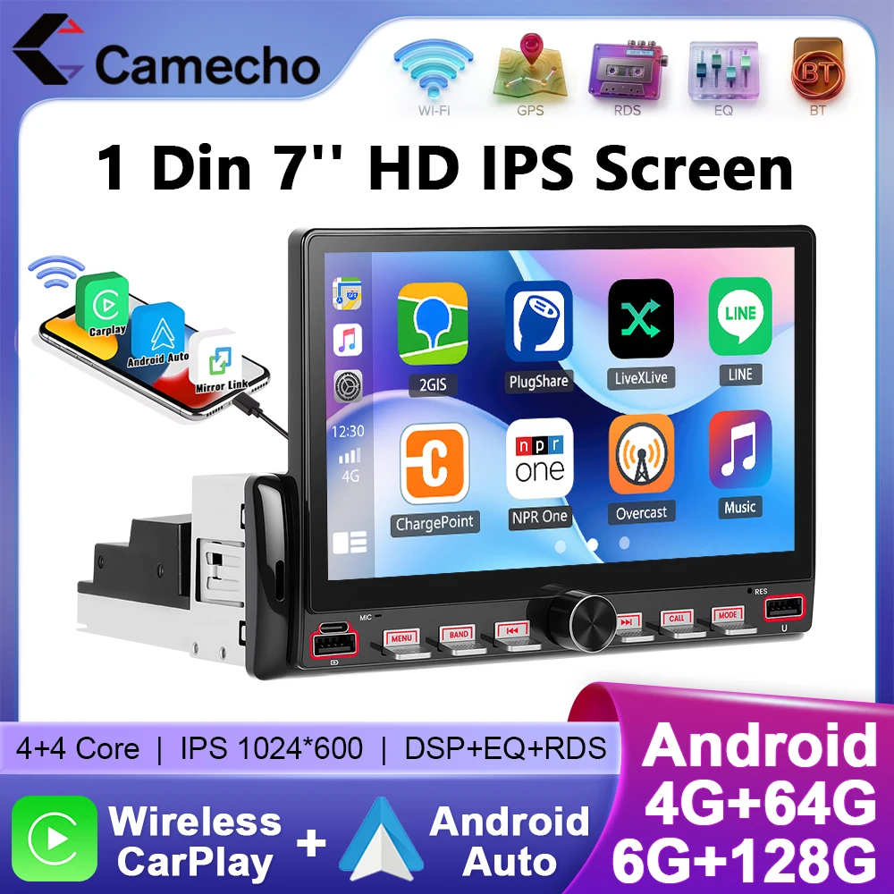 Camecho Android 1 Din GPS Autoradio 7 HD IPS Bildschirm Kabelloses Carplay Android Auto Player mit Bluetooth WIFI FM/RDS