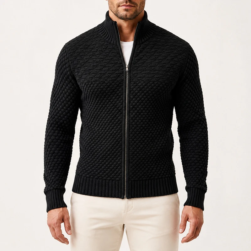 Daily Casual Stand Collar Knit Cardigan Mens Slim Fit Fall Winter Full‑Zip Textured Fabric Fashion Outerwear For Men