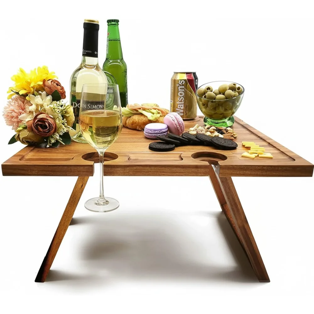 

Portable Foldable Acacia Wood Wine Picnic Table with Larger Tray for Romantic Camping, Glamping, and Outdoor Parties