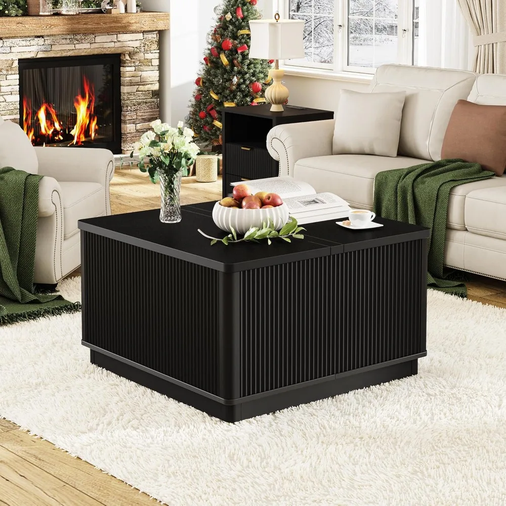 طاولة قهوة حديثة قابلة للرفع مع مساحة تخزين، طاولات قهوة مربعة مع إضاءة LED ومخرج طاقة، طاولة مركزية مربعة خشبية f #3