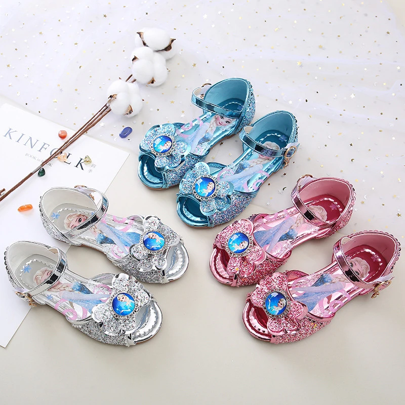 Sandalias de suela blanda de dibujos animados de Frozen de Disney, zapatos de princesa para niña, zapatos de cristal, zapatos planos de cristal para niña