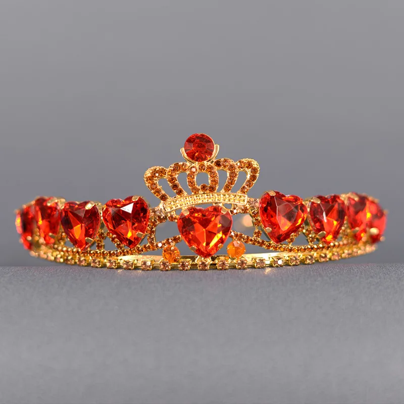 Diadema de corona de nueve corazones de melocotón rojos y dorados para Halloween, accesorios nupciales para el cabello, novedad